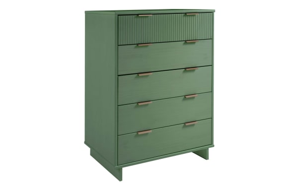 Ascias Green 5 Drawer Chest in solid wood with contemporary style, vertical-ribbed top drawer, full-extension soft-close drawers, mop base legs, and horizontal metal handles.