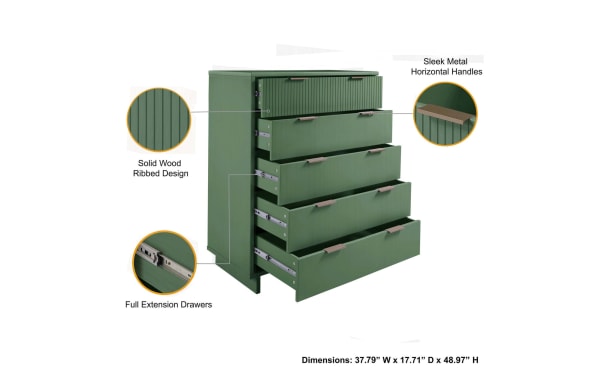 Ascias Green 5 Drawer Chest in solid wood with vertical ribbed drawer fronts, full-extension soft-close drawers, sleek metal handles, and mop base legs, contemporary style, dimensions 37.79” W x 17.71” D x 48.97” H.