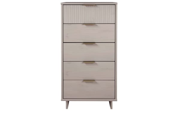 Ascias Light Gray 5 Drawer Lingerie Chest in solid wood with vertical-ribbed top drawer, soft-close full-extension drawers, mop base legs, and sleek metal handles, contemporary style.