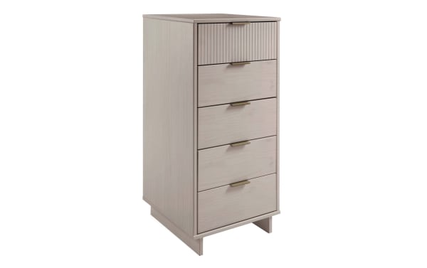 Ascias Light Gray 5 Drawer Lingerie Chest in solid wood with vertical-ribbed top drawer, soft-close full-extension drawers, and sleek metal handles.