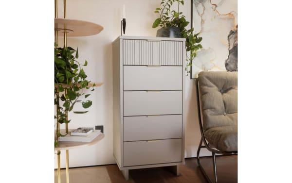 Ascias Light Gray 5 Drawer Lingerie Chest in solid wood with vertical-ribbed top drawers, soft-close full-extension drawers, metal handles, and mop base legs in contemporary style.