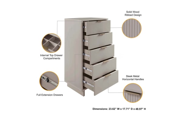 Ascias Light Gray 5 Drawer Lingerie Chest in solid wood with vertical ribbed drawer fronts, full-extension soft-close drawers, and sleek metal handles.