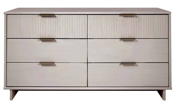 Ascias Light Gray 6 Drawer Dresser in solid wood with contemporary style, vertical-ribbed top drawers, soft-close full-extension drawers, mop base legs, and sleek horizontal metal handles.