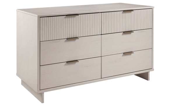 Ascias Light Gray 6 Drawer Dresser in solid wood with contemporary style, vertical-ribbed top drawers, full-extension soft-close drawers, mop base legs, and sleek horizontal metal handles.
