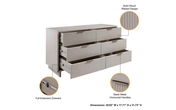 Ascias Light Gray 6 Drawer Dresser in contemporary style, solid wood with vertical ribbed fronts, full-extension soft-close drawers, mop base legs, and sleek horizontal metal handles. Dimensions: 55.03” W x 17.71” D x 31.73” H.