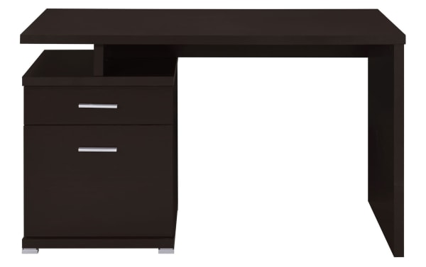 Contemporary Eliana Brown 2 Drawer Desk in dark brown MDF and particle board, featuring a spacious drawer and file cabinet for small workspaces.