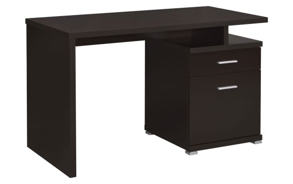 Contemporary Eliana Brown 2 Drawer Desk in dark brown MDF and particle board, featuring a spacious drawer and file cabinet for small workspaces.