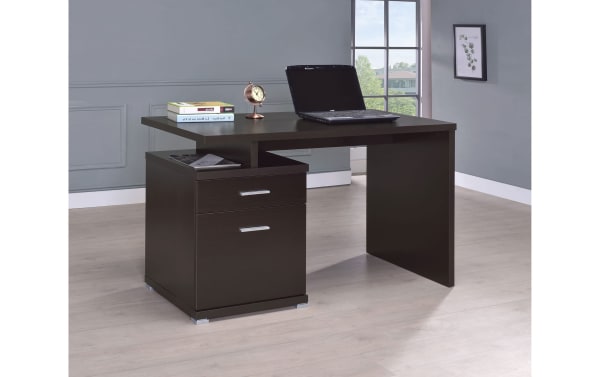 Contemporary Eliana Brown 2 Drawer Desk in dark MDF and particle board with silver handles. Compact workstation with storage drawer and file cabinet.