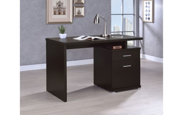 Contemporary Eliana Brown 2 Drawer Desk in dark brown MDF and particle board, featuring spacious storage drawer and file cabinet, ideal for small offices.