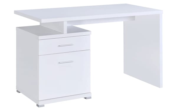 Eliana White 2 Drawer Desk in contemporary style with MDF and particle board construction, featuring a spacious drawer and file cabinet for small workspaces.
