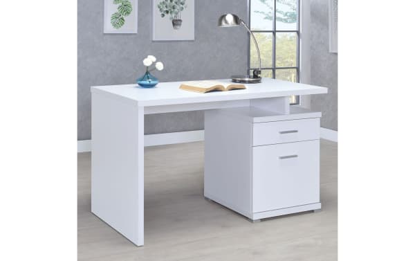 Contemporary Eliana White 2 Drawer Desk in MDF and particle board with spacious drawer and file cabinet, designed for small workspaces.