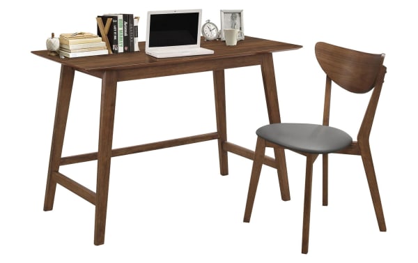 Mid-century modern Landon desk and chair set in walnut veneer with gray polyester fabric seat, featuring sleek angled legs and rich wood finish.