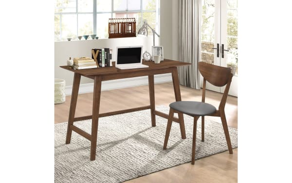 Mid-century modern Landon Walnut & Gray Desk & Chair Set with walnut veneer MDF desk and gray polyester fabric upholstered chair.