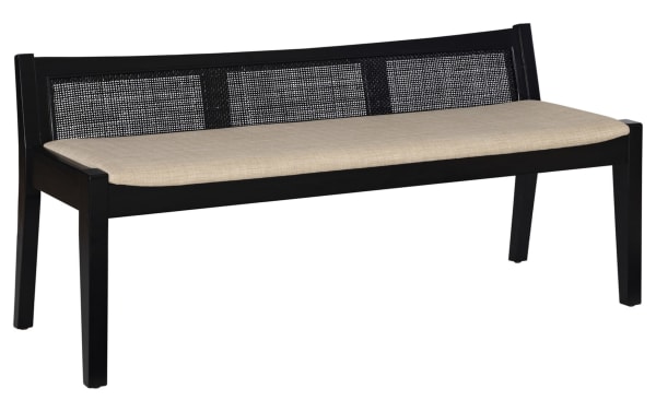 Contemporary Bridget Black Rattan Cane Bench with beige polyester fabric cushion, rubberwood frame, and woven rattan backrest for cozy seating.