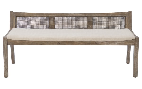 Bridget Brown Rattan Cane Bench with beige polyester fabric seat, natural rubberwood frame, and woven rattan cane back in contemporary style.
