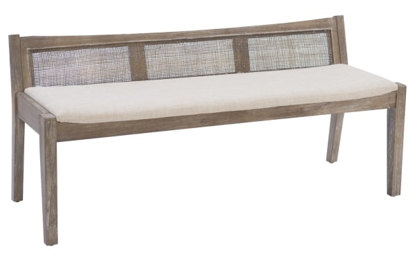 Contemporary Bridget Brown Rattan Cane Bench with beige polyester fabric cushion, natural rubberwood frame, and woven cane backrest for cozy seating.
