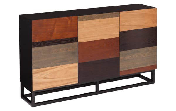 Gabrielle Brown & Black Server in mid-century modern style with multi-tonal ash veneer doors, MDF body, and powder-coated iron base, featuring three mismatched cabinet doors and adjustable interior shelves for versatile storage.