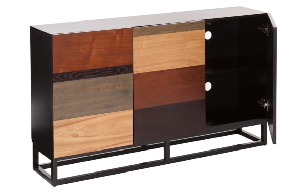 Gabrielle Brown & Black Server with mid-century modern design, featuring multi-tonal ash veneer doors, black MDF body, powder-coated iron base, and adjustable shelves for versatile storage.