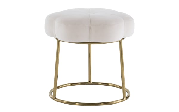 Sabrina White Velvet Vanity Stool with plush white polyester velvet upholstery, floral-shaped cushioned seat, and gold steel frame in contemporary boho style.