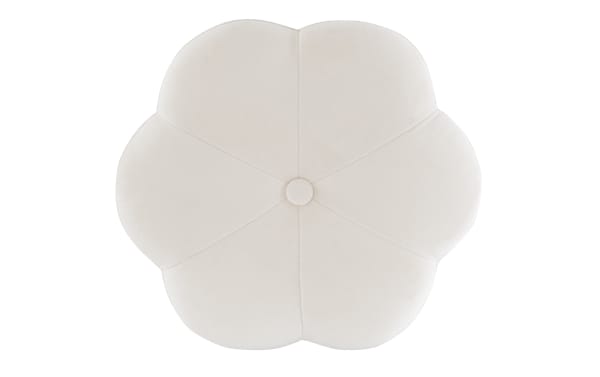 Sabrina White Velvet Vanity Stool with plush white polyester velvet upholstery, floral shape, steel frame, plywood base, and contemporary boho style.