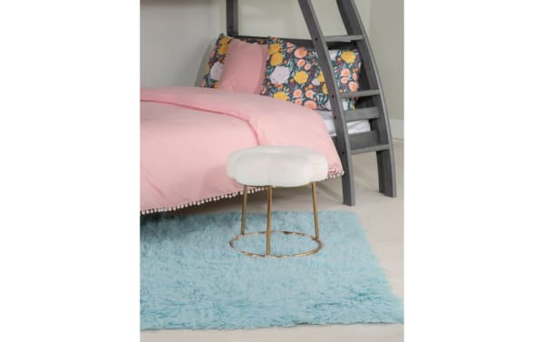 Sabrina White Velvet Vanity Stool with plush white polyester velvet upholstery, gold steel legs, and a floral-shaped cushioned seat in contemporary boho style.