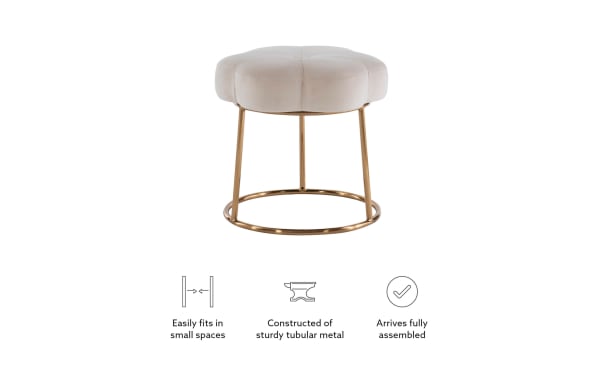 Sabrina White Velvet Vanity Stool with plush white velvet upholstery in a subtle floral shape, sturdy gold tubular metal base, contemporary style.