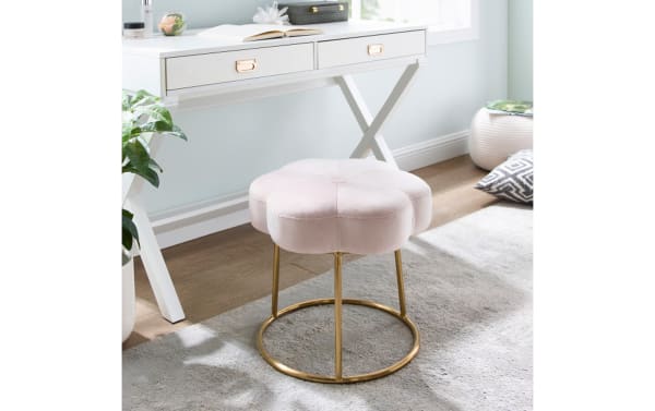 Sabrina Light Pink Velvet Vanity Stool with plush floral-shaped velvet upholstery, gold steel base, and contemporary boho style for vanity or dressing table.