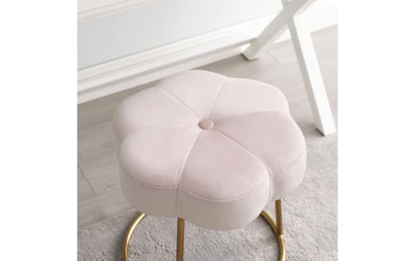 Sabrina Light Pink Velvet Vanity Stool with plush floral-shaped pink polyester upholstery, steel legs, and contemporary boho design for vanity seating.