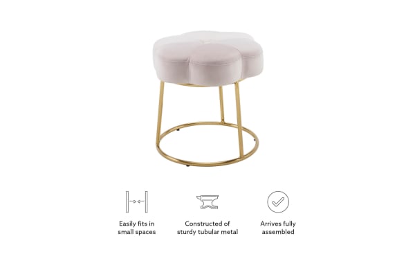 Sabrina Light Pink Velvet Vanity Stool with plush floral-shaped velvet seat, gold tubular steel frame, contemporary boho style, fully assembled.