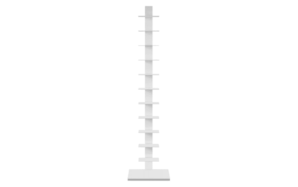 Darin White Tower Shelf in contemporary style, made of powder-coated iron with multiple staggered white shelves for books, towels, or plants.