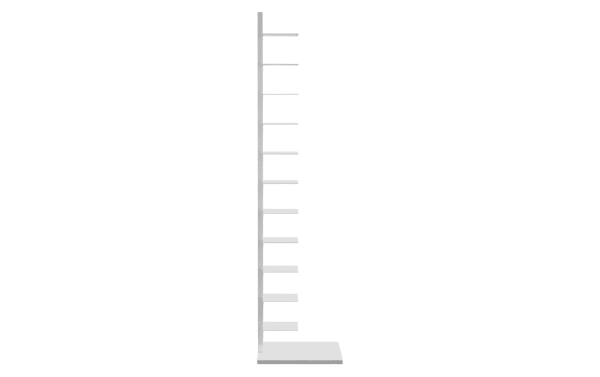 Darin White Tower Shelf in contemporary style, made of powder-coated iron with multiple narrow horizontal shelves for books, towels, or plants.