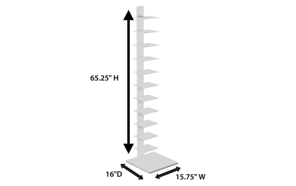 Darin White Tower Shelf in contemporary style, powder-coated iron with 10 staggered shelves, measuring 65.25"H x 15.75"W x 16"D, ideal for books, towels, or plants.