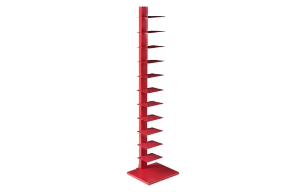 Darin Red Tower Shelf in contemporary style, powder-coated metal with 12 staggered square shelves for books, towels, or plants.