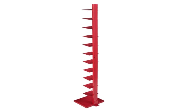Darin Red Tower Shelf in contemporary style, made of powder-coated metal with a vertical design and multiple angled shelves for books, towels, or plants.