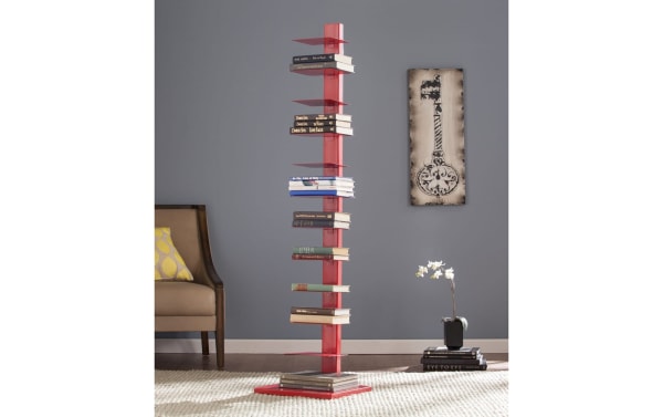 Contemporary Darin Red Tower Shelf in powder-coated metal with stacked flat shelves for books, plants, or towels, styled as a sculptural storage piece.