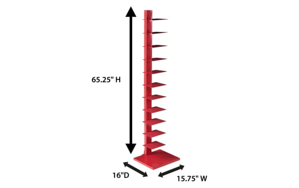 Darin Red Tower Shelf in contemporary style, powder-coated metal with 10 small shelves, 65.25" H x 15.75" W x 16" D, for books, towels, or plants.