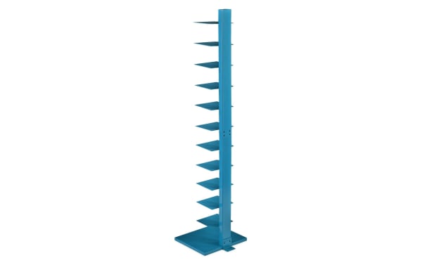 Darin Blue Tower Shelf in contemporary style, made of powder-coated blue iron with angled tiered shelves for books, towels, or plants.