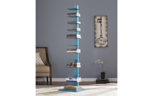 Darin Blue Tower Shelf in contemporary style, made of powder-coated blue iron with floating shelves for books, towels, or plants.