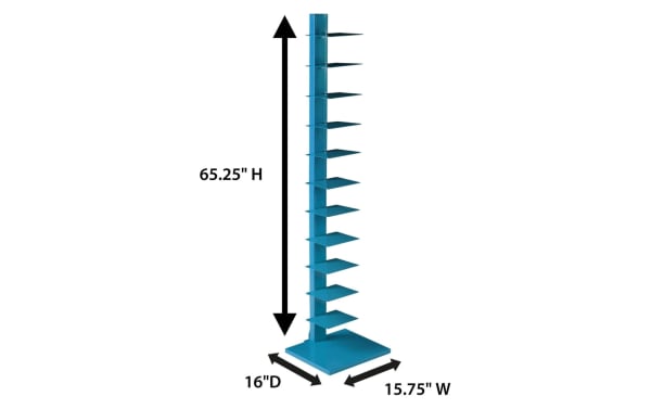 Darin Blue Tower Shelf in contemporary style, powder-coated iron with 12 staggered shelves, 65.25" tall, 15.75" wide, 16" deep, ideal for books, towels, or plants.