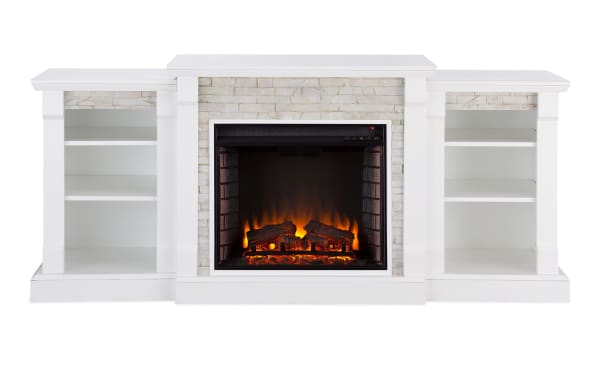 Norin 71.8'' white traditional electric fireplace and TV stand with MDF, poplar, resin, metal, glass; features LED flames, stone accents, dual open bookshelves.