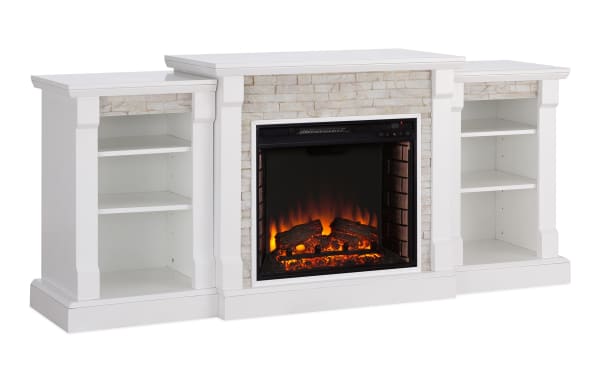 Norin 71.8'' white traditional electric fireplace and TV stand with MDF, poplar, resin, and glass materials, featuring LED flame effect and dual bookshelves.