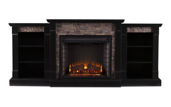 Norin 71.8'' black traditional electric fireplace and TV stand with MDF, poplar, glass, resin, metal, dual bookshelves, and rustic stone accents