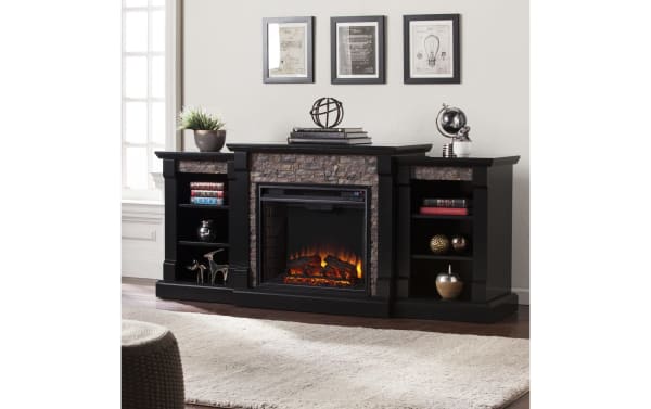 Norin 71.8" black electric fireplace and TV stand with traditional style, MDF and poplar solids, dual bookshelves, stone accents, and energy-efficient LED flames.
