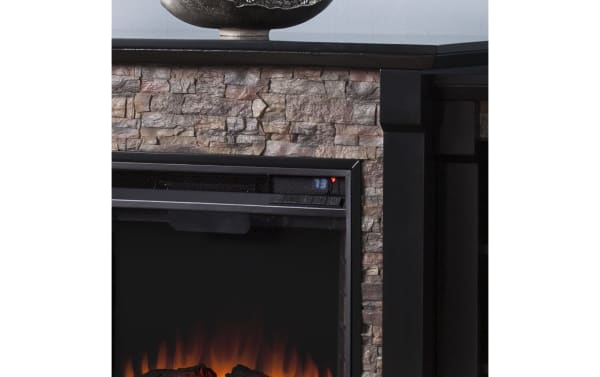 Norin 71.8'' Black Electric Fireplace and TV Stand with traditional style, MDF and poplar solids, glass accents, simulated river stones, and dual bookshelves.