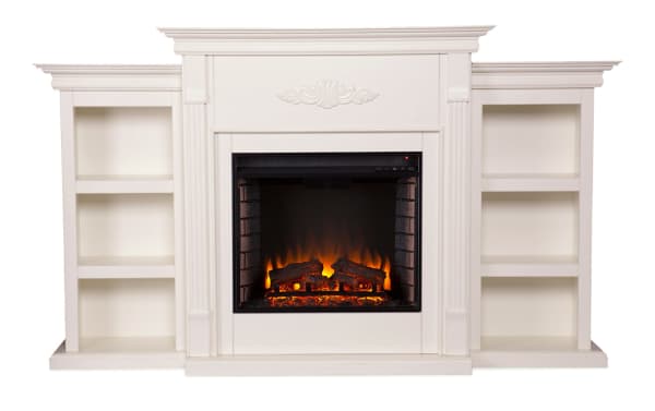 Zumjor 70.3'' Ivory Electric Fireplace with traditional MDF, glass, resin, and metal frame, featuring lifelike LED flames, glowing embers, and built-in shelves.