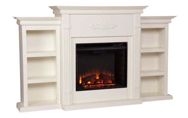 Zumjor 70.3'' Ivory Electric Fireplace in traditional style with MDF, glass, resin, and metal construction, featuring lifelike LED flames, glowing embers, and built-in shelving.