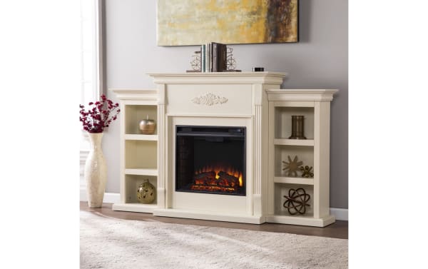 Zumjor 70.3'' Ivory Electric Fireplace with traditional MDF, glass, resin, and metal design, featuring lifelike LED flames, glowing embers, and built-in shelving.