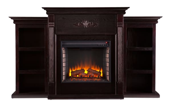 Zumjor 70.3'' Espresso Electric Fireplace in transitional style with dark espresso MDF, oak veneers, glass front, resin accents, and lifelike LED flames.