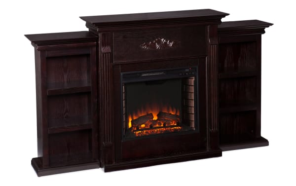 Zumjor 70.3'' Espresso Electric Fireplace in transitional style with dark espresso MDF and oak veneer finish, glass front, resin accents, built-in LED flames, glowing embers, and side shelves.