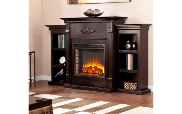 Zumjor 70.3'' Espresso electric fireplace in transitional style with dark MDF, oak veneers, glass front, lifelike LED flames, and built-in shelving.